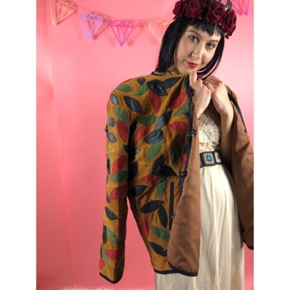 Leaf Print Leather Suede Jacket LG.